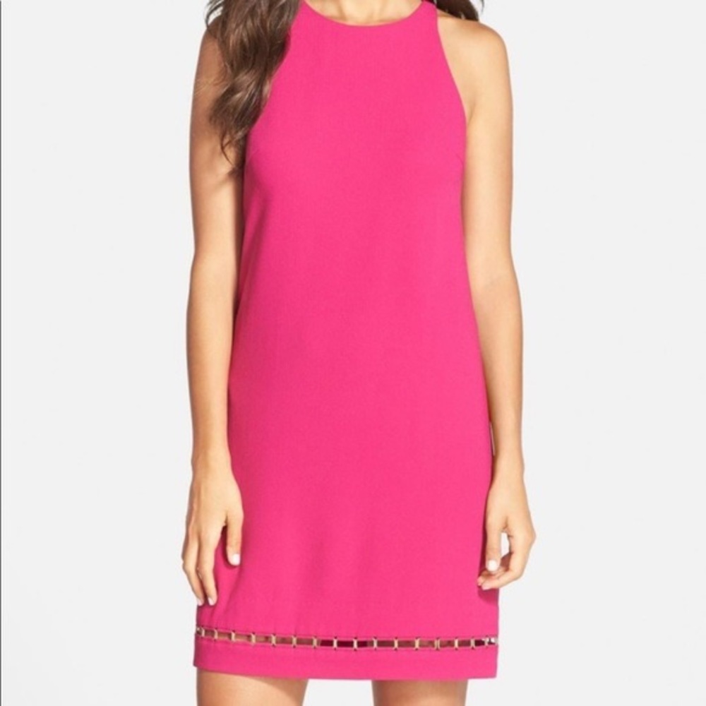 Trina Turk fuschia pink high-neck sleeveless dress with brass hem detail, sz 2